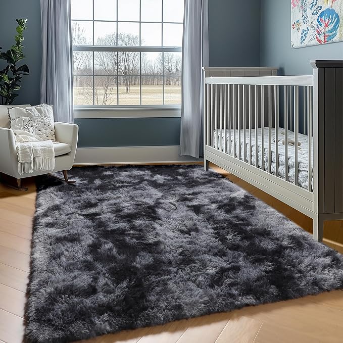 ONASAR Rugs for Living Room Bedroom, 5x8 Fluffy Tie-Dyed Dark Grey Bedside Area - Image 5