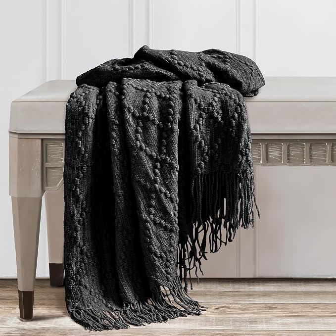 BOURINA Black Throw Blanket 50 x70 Inches Jacquard Argyle Throw Textured Solid - Image 5