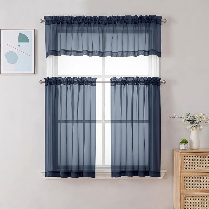 Gwine Navy Blue Sheer Curtains 30 Inch Length, Short Light Filtering Voile - Image 2