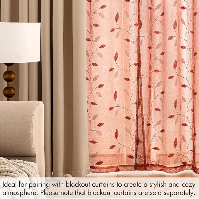 MIULEE Terracotta Sheer Curtains 2 Panels Embroidered Leaf Patterned burnt - Image 7