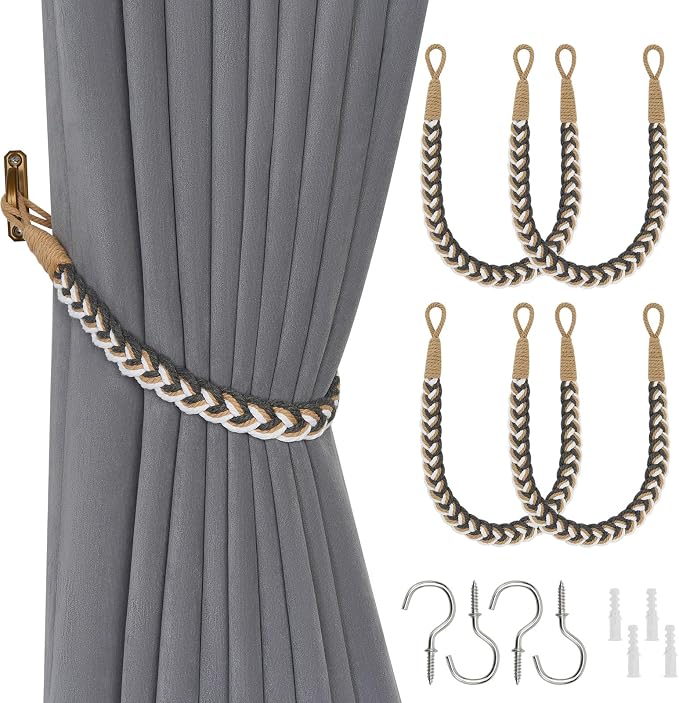 NICEEC 4 Pack Natural Cotton Rope Curtain Tiebacks Elegant Boho Style by NICEEC