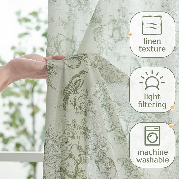 jinchan Linen Floral Curtains for Living Room 63 Inch Long Sage Green Printed - Image 3