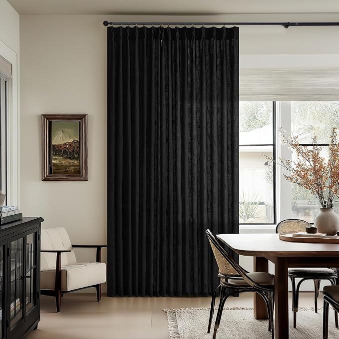 Black 90 Inches Pleated Linen Semi Sheer Memory Trained Curtains - Image 8
