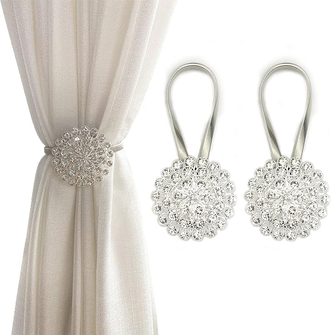 Magnetic Tiebacks for Curtains, 2 Pack Sparkling Crystal Flower Curtain by FOZUBOYO