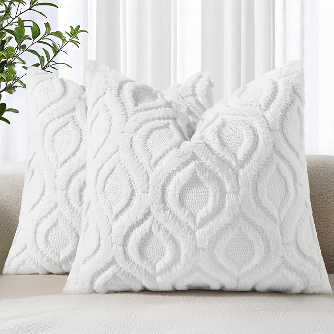 decorUhome Throw Pillow Covers 26x26 Inch Set of 2, Soft Plush Faux Wool White by decorUhome