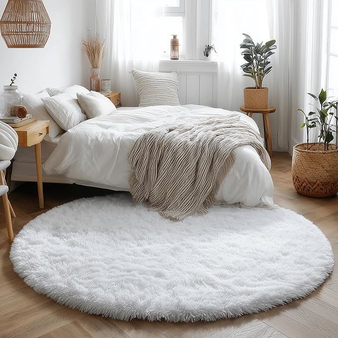 Amdrebio White Fluffy Round Rug 4Ft - Image 2
