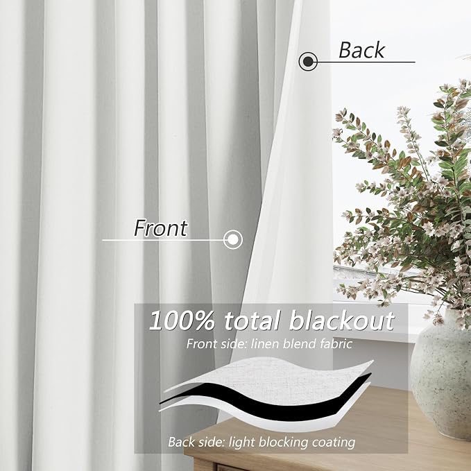 Guken White 100% Blackout Linen Curtains 70 Inch Wide by 108 Inch - Image 3