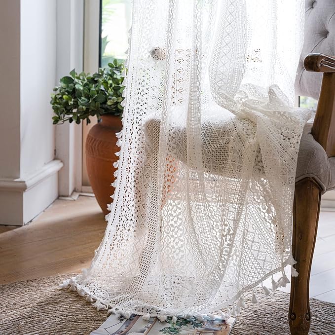 WAZZIO Boho Lace Curtains 72 Inches 2 Panel, Light Filtering Privacy Tassel & by WAZZIO