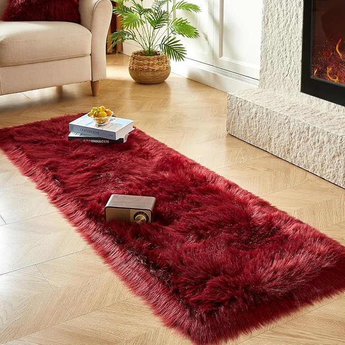 AMTOVO Faux Fur Rug, Burgundy Ultra Soft Fluffy Shag Sheepskin Rug, 2 x 6 ft - Image 3