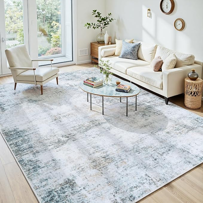 10x14 Washable Area Rug for Living Room Bedroom: Non-Slip Modern Blue Grey | - Image 2