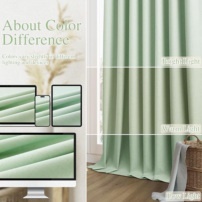 Aqua Green 100% Blackout Linen Curtains 96 Inch Length 2 Panels Set - Image 7
