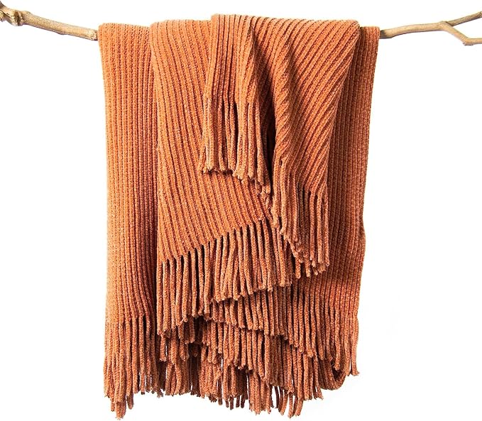lifein Throw Blanket for Couch, Soft Boho Bed Throw, Cozy Burnt Orange Chenille by lifein