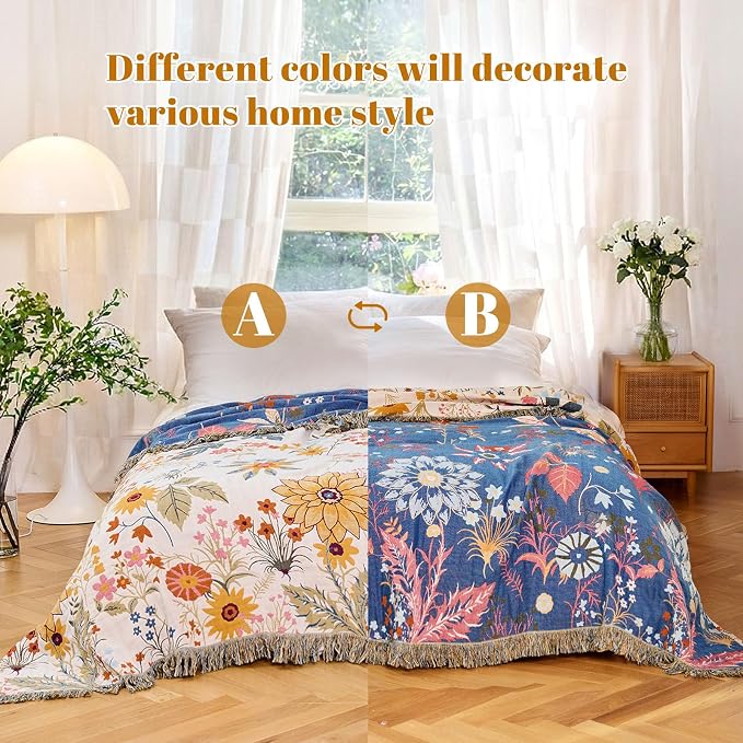 MSGKV Boho Throw Blanket for Couch Chair 100% Cotton Floral Blanket 50"x60" - Image 4
