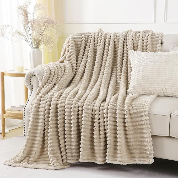 Khaki Throw Blanket for Couch Sofa 108x90 inches Striped Design | Fleece - Image 4