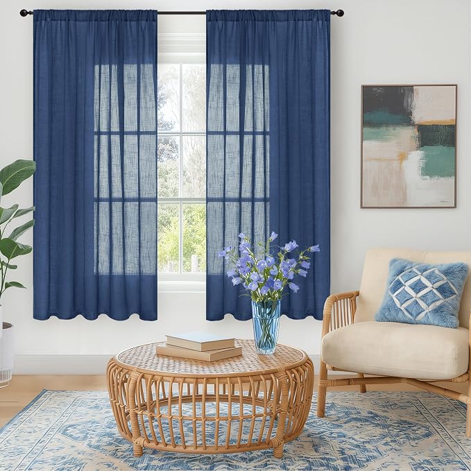 BGment Navy Blue Linen Curtains 63 Inch Length - Image 2