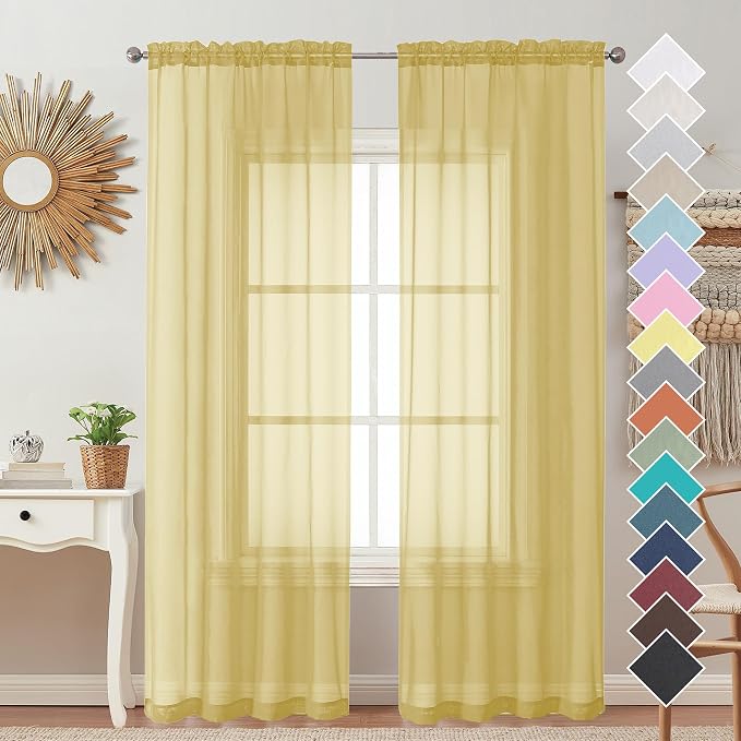 OVZME Mustard Yellow Sheer Curtains 96 Inches Long 2 Panels, Solid Lightweight by OVZME