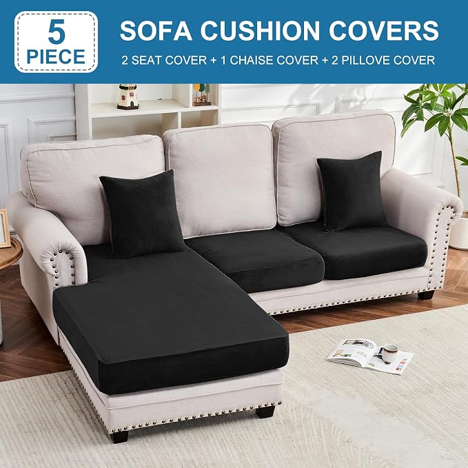 Couch Cover 3-Piece Elastic Velvet Couch Cushion Covers & Chaise Slipcovers - Image 3