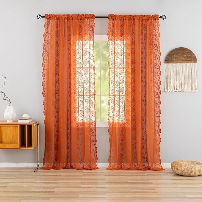 YJ YANJUN Vintage Lace Curtains 72 Inches Long-Rustic Floral Pattern Burnt - Image 3