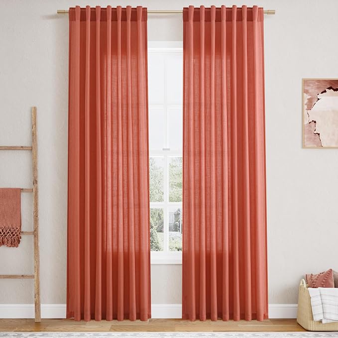Coral Linen Curtains 84 Inch Length 2 Panels Set Back Tab Rod Pocket Light by Nanspring
