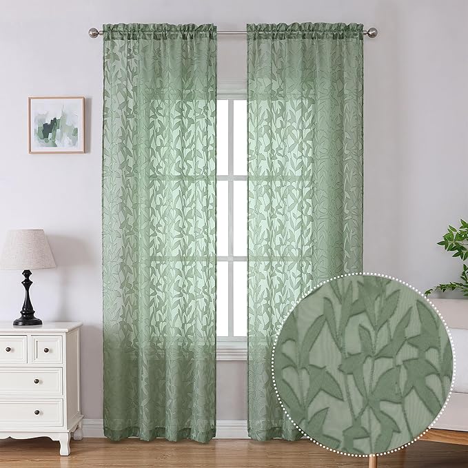 Lecloud Leia 2 Panels Sheer Sage Green Curtains 96 Inches Long, Patio by Lecloud