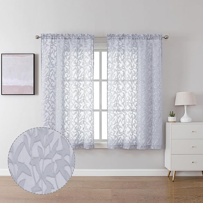 Lecloud Leia Light Grey Semi Sheer Curtains 45 Inch Length 2 Panels, Jacquard by Lecloud