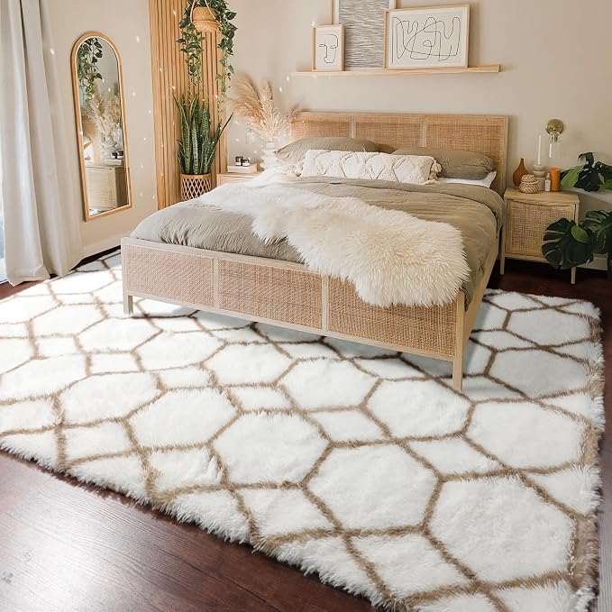 Area Rugs for Living Room, 5x8 Fluffy White and Beige Bedroom Geometric Rug | - Image 5