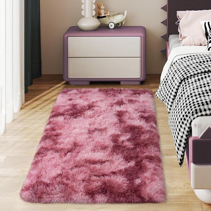 Soft Runner Rugs for Bedroom Hallways, 2x4 Tie-Dyed Blush Pink Fluffy Shag by Ailyei