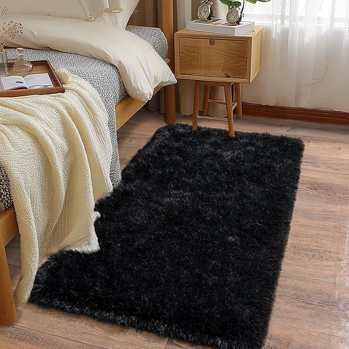 Soft Runner Rugs for Bedroom Hallways, 2x4 Black Fluffy Shag Throw Area Rug Non by Ailyei