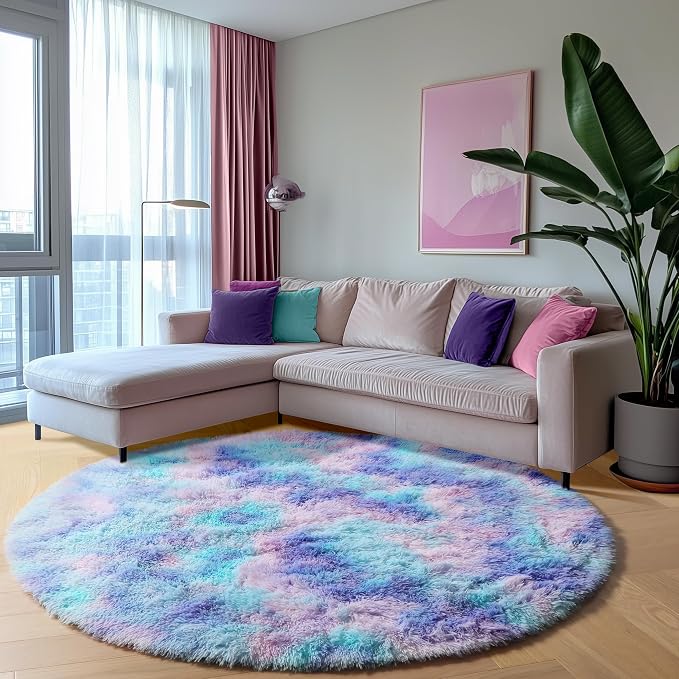 ONASAR Rainbow Round Area Rugs 6ft, Fluffy Soft Bedroom Circle Rug - Image 4
