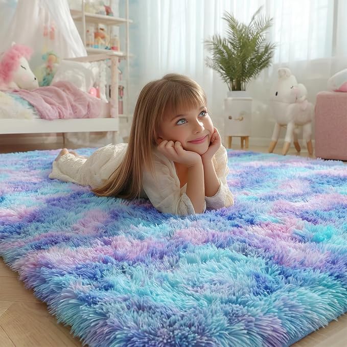 Kawaii Vibrant Rugs for Girls Bedroom, Pastel 5x8 Rainbow Purple Area Rugs | - Image 3