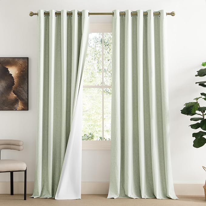 NICETOWN Sage Green Blackout Linen Curtains 95" Long, 2 Pieces, Bronze Grommet by NICETOWN