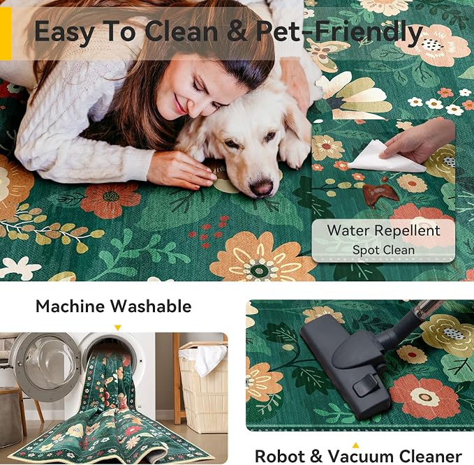 RELEANY Floral Washable 8x10 Area Rugs DarkGreen | Flower Carpet Print Boho - Image 3