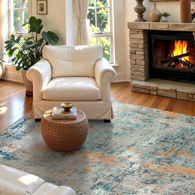 Entryway Rug 3x5 Blue Bedroom Area Rug Washable Non Slip Abstract Boho Rugs - Image 4