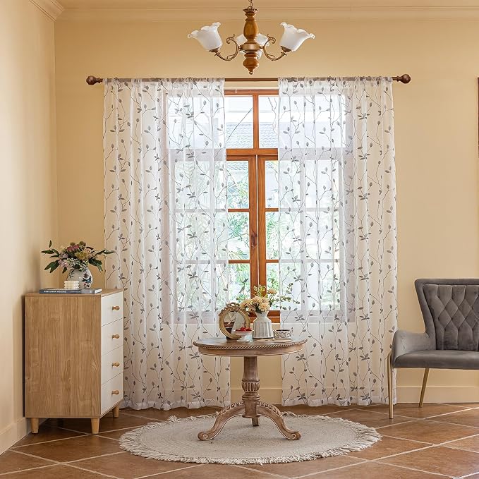 AmHoo 2 Panels Embroidered Leaf Pattern Semi Sheer Curtains Foliage Floral - Image 2