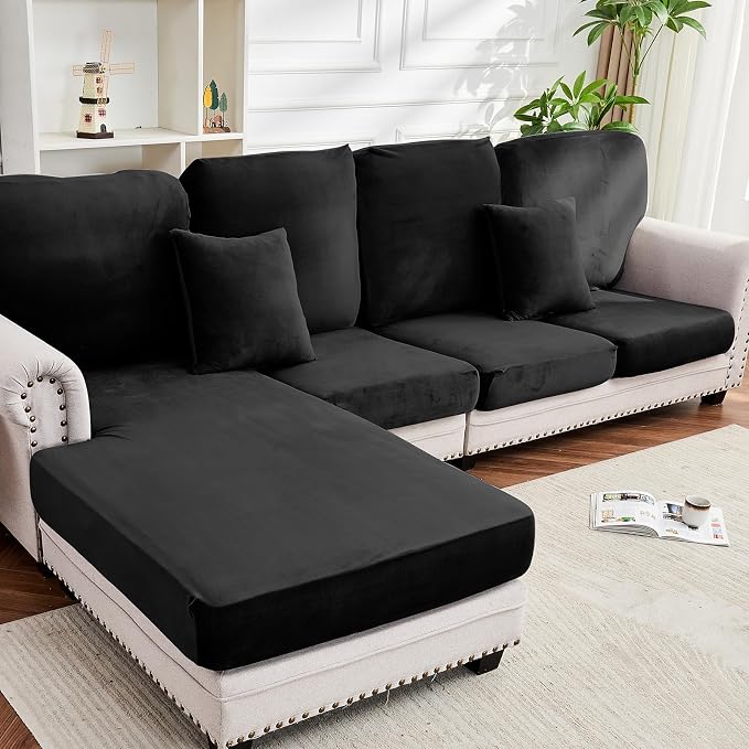 Couch Cover 8-Piece Elastic Velvet Couch Cushion Covers & Chaise Slipcovers by Taque