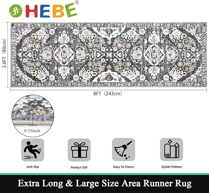 HEBE Hallway Runner Rug 2'8''x8' Washable Vintage Distressed Area Rugs Non Slip - Image 2