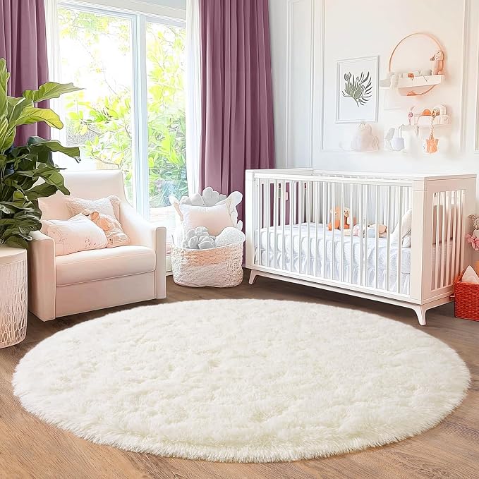 6‘x6’ Cream Round Rugs for Girls Bedroom, Ultra Soft Fluffy Circle Rug for Kids - Image 4