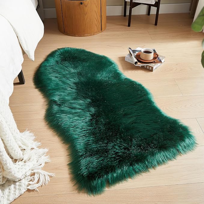 AMTOVO Faux Fur Rug, Dark Green Area Rug, Fluffy Sheepskin Rug, Fuzzy Ultra - Image 4