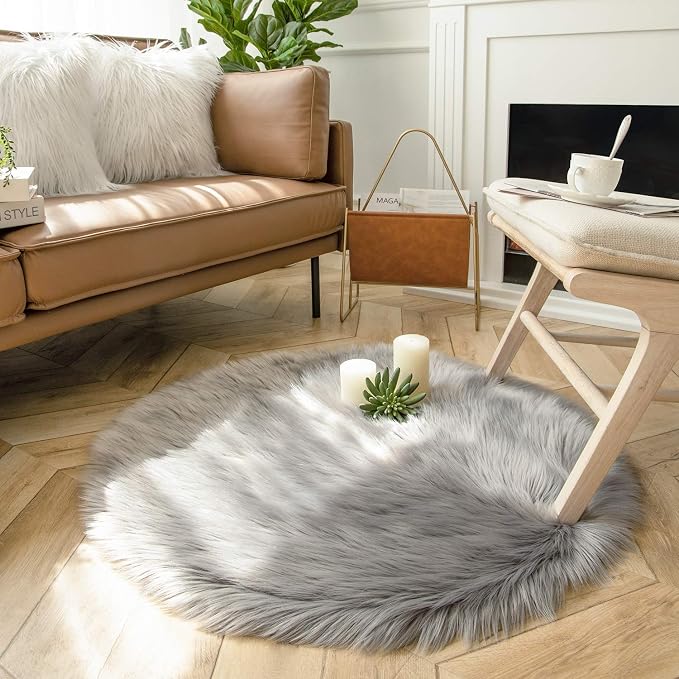 Ashler Faux Fur Rug, Fluffy Shaggy Area Rug Ultra Soft 3 x 3 Feet Round Fur Rug - Image 3