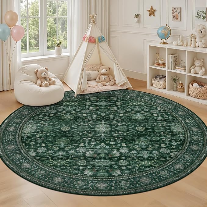 Round Area Rug for Living Room: 8ft Boho Washable Rug Deep Green | Vintage Boho - Image 5