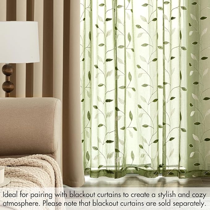 MIULEE Sage Green Sheer Curtains 2 Panels Embroidered Leaf Patterned Rod Pocket - Image 7