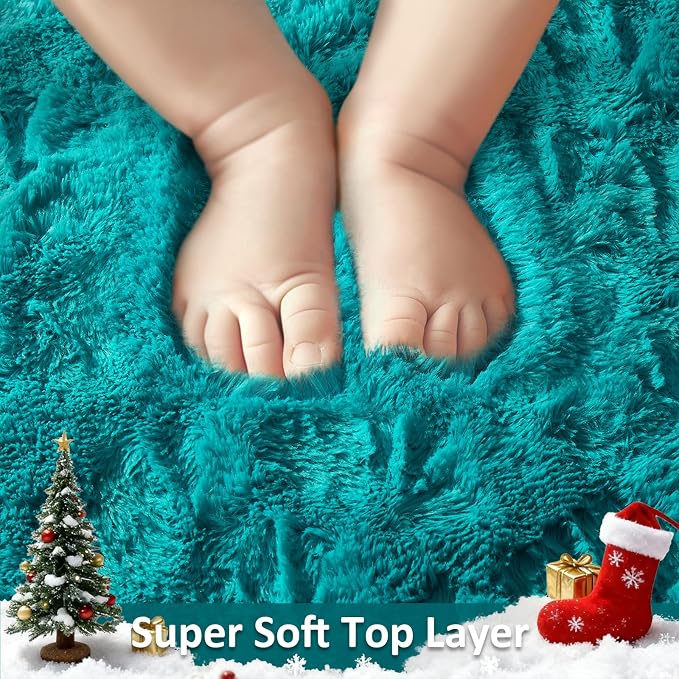 Ophanie Teal Rugs for Bedroom Living Room, Fluffy Fuzzy Furry Carpet, Plush - Image 2