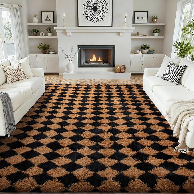Ophanie Checkered Black & Beige Rhombus Rugs by Ophanie