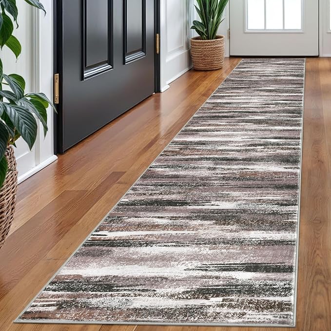 Lansny Modern Abstract Runner Rug 2x10, Dark Light Brown White Washable Long by lansny