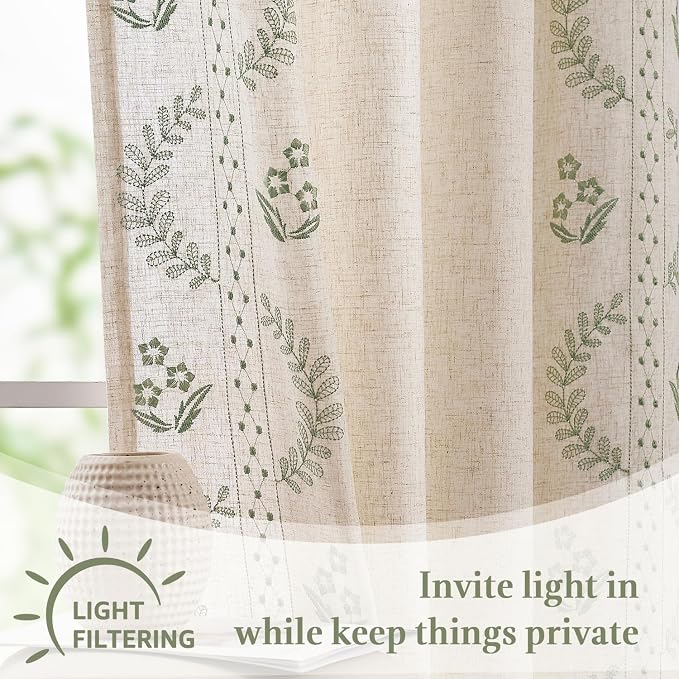 jinchan Belrose Linen Floral Kitchen Curtains 24 inch Length Embroidered - Image 7
