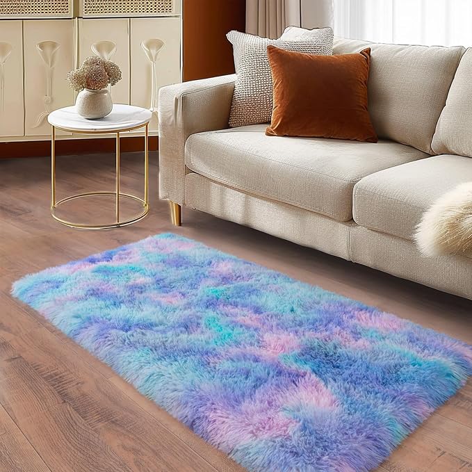 Soft Runner Rugs for Bedroom Hallways, 2x4 Purple Rainbow Fluffy Shag Throw - Image 4