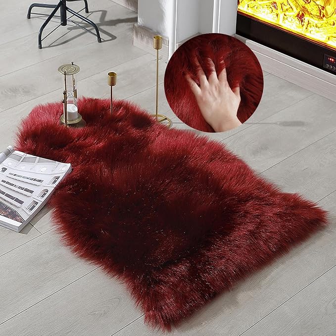 linmopm Faux Fur Rug Sheepskin Shag Fluffy Fuzzy Red 2x3 ft Small Rugs by Limopmfauxfurproducts