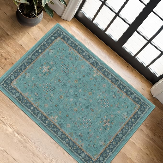 2x4 Washable Teal Throw Rugs for Entryway Indoor by HazoHaus