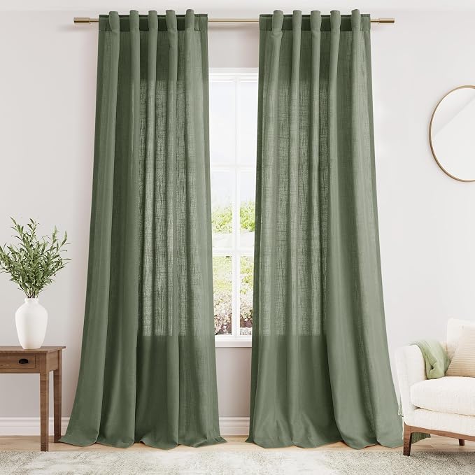 Olive Green Linen Textured 96 Inch Curtains 2 Panel Set Back Tab Rod Pocket by Nanspring