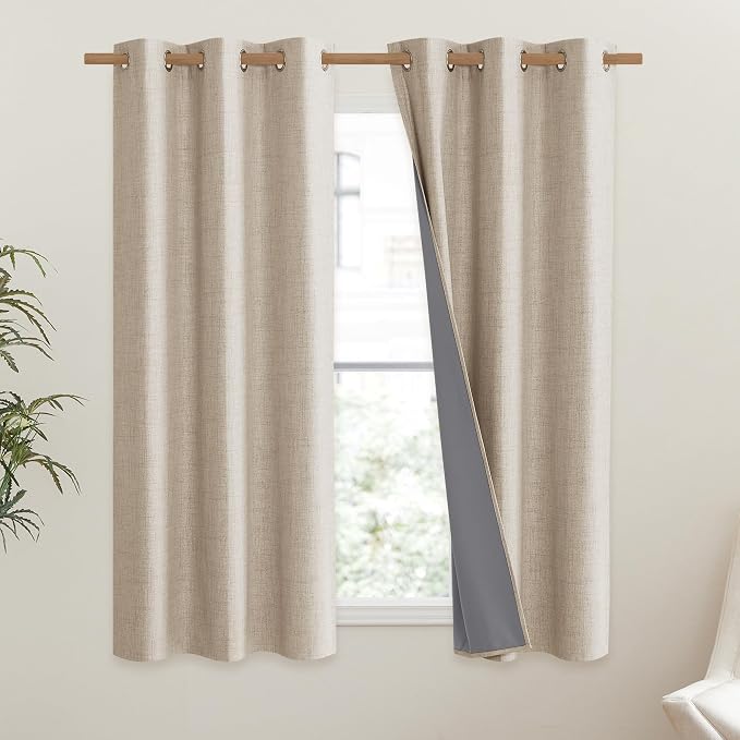 NICETOWN Cream 100% Blackout Linen Curtains 54 inch Long Burg - Image 2